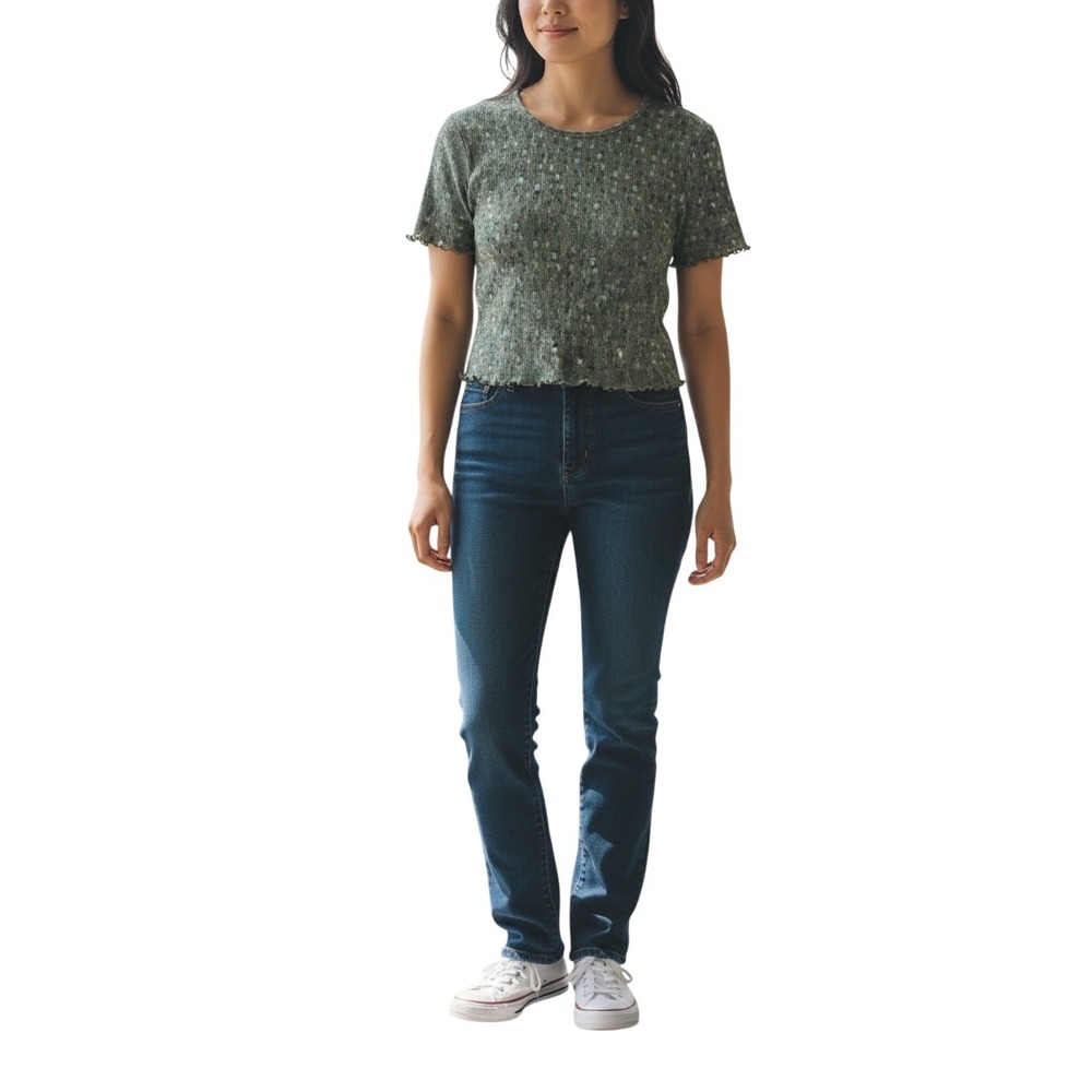 American‎ Eagle Outfitters Green Floral  Waffle Knit Baby Tee L-Cottagecore